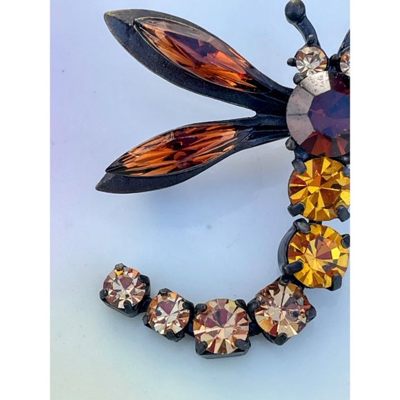 Vintage Brooch Articulated Dragonfly Brown Orange Rhinestones - Picture 5 of 10